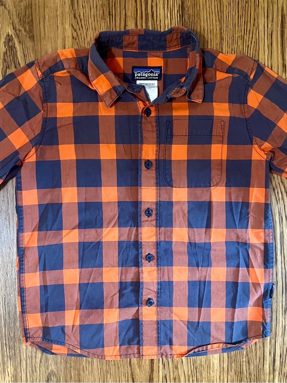 Patagonia Kids Organic Cotton Orange and Navy Check Casual Button-Down Shirt